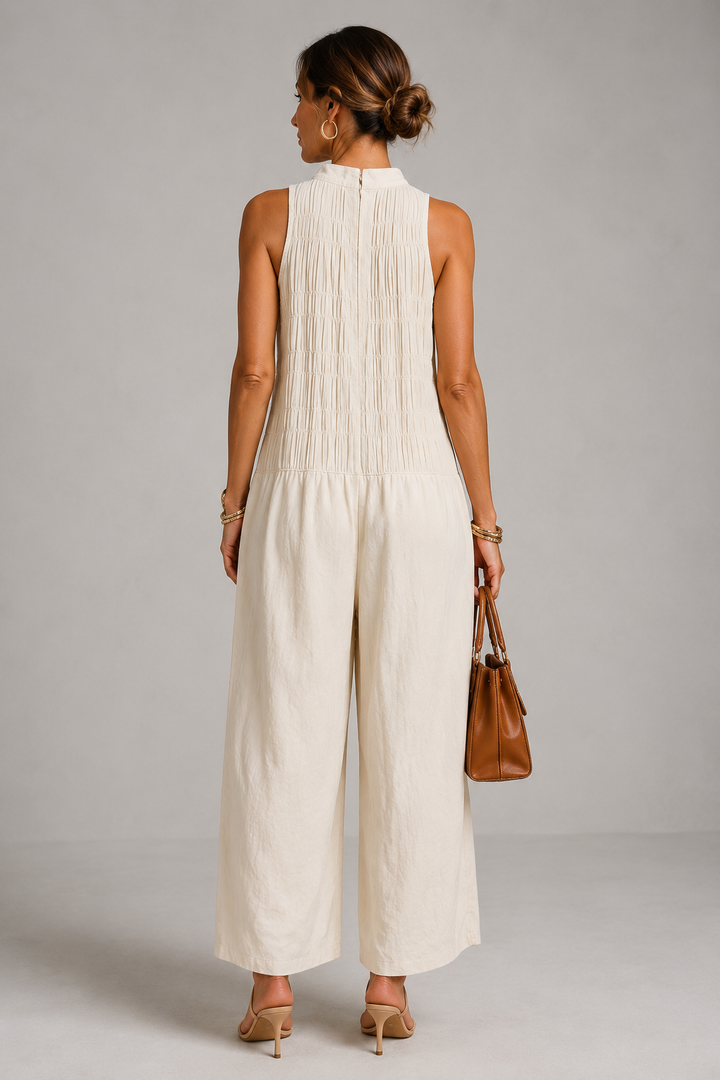 Beige V-neck Sleeveless Pleated Wide-leg Jumpsuit