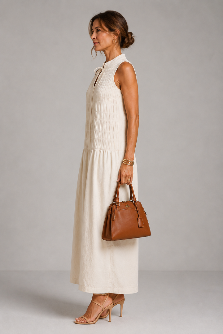 Beige V-neck Sleeveless Pleated Wide-leg Jumpsuit