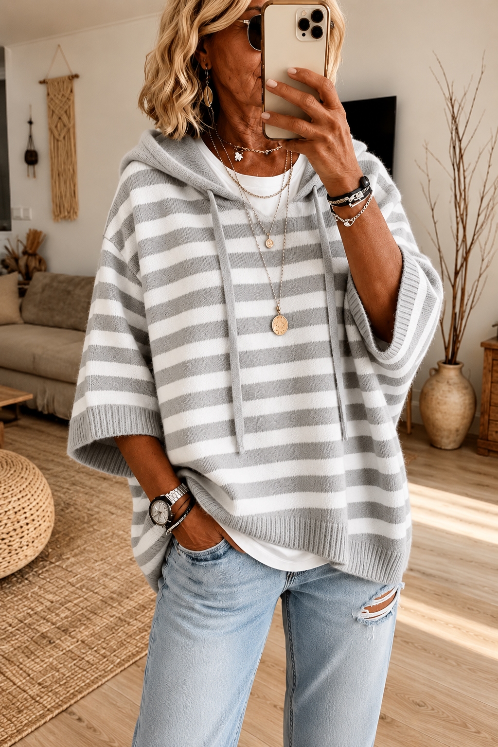 Celine Grijze Gestreepte Poncho Trui