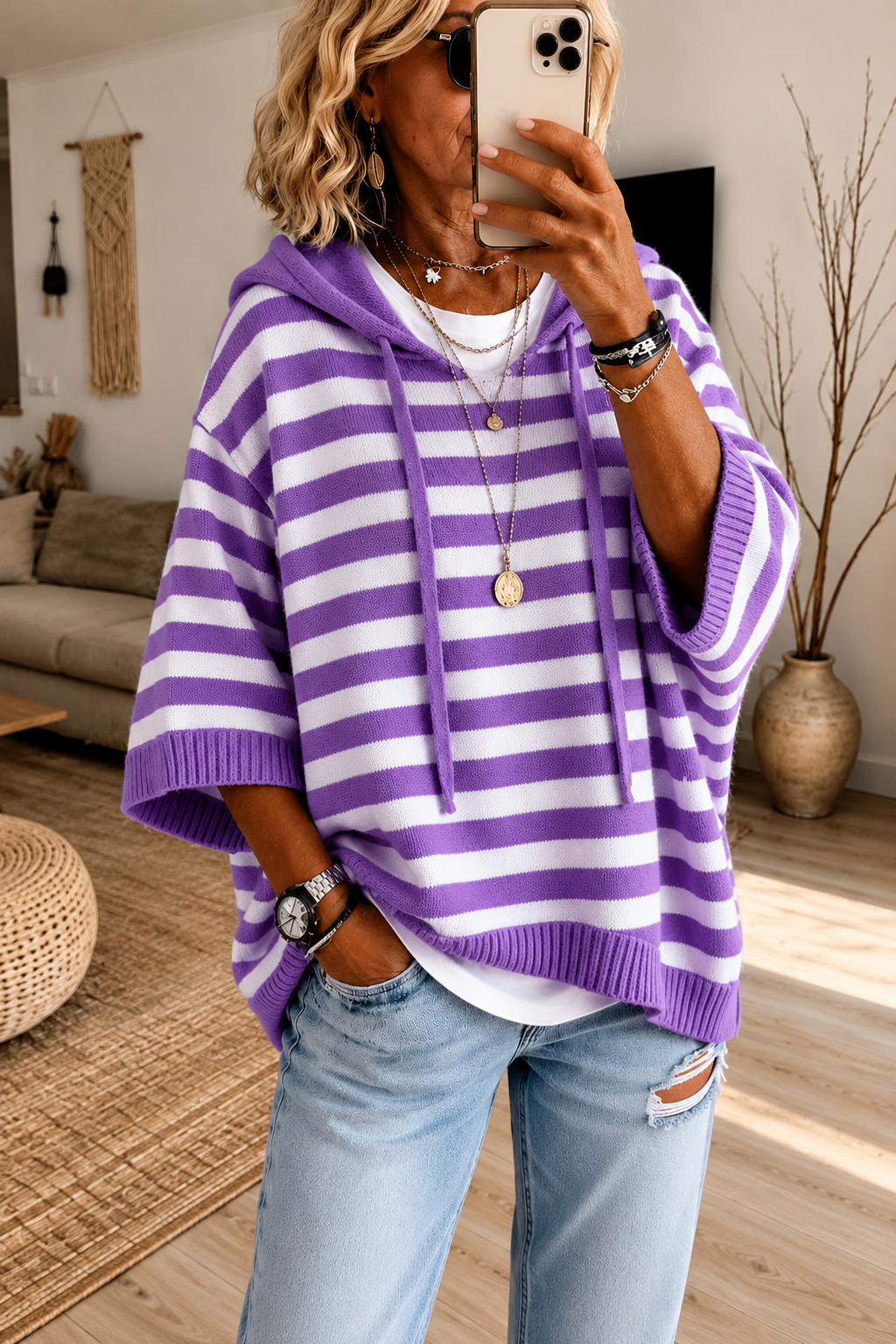Anais Paarse Gestreepte Poncho Trui