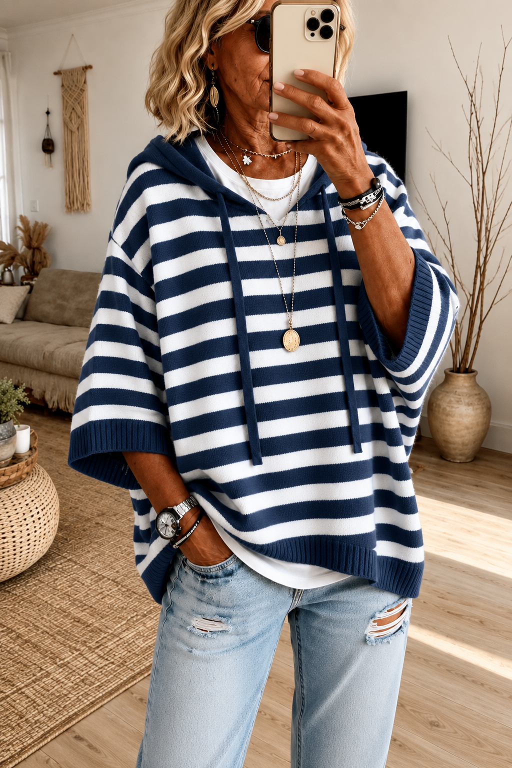 Marine Marineblauwe Gestreepte Poncho Trui