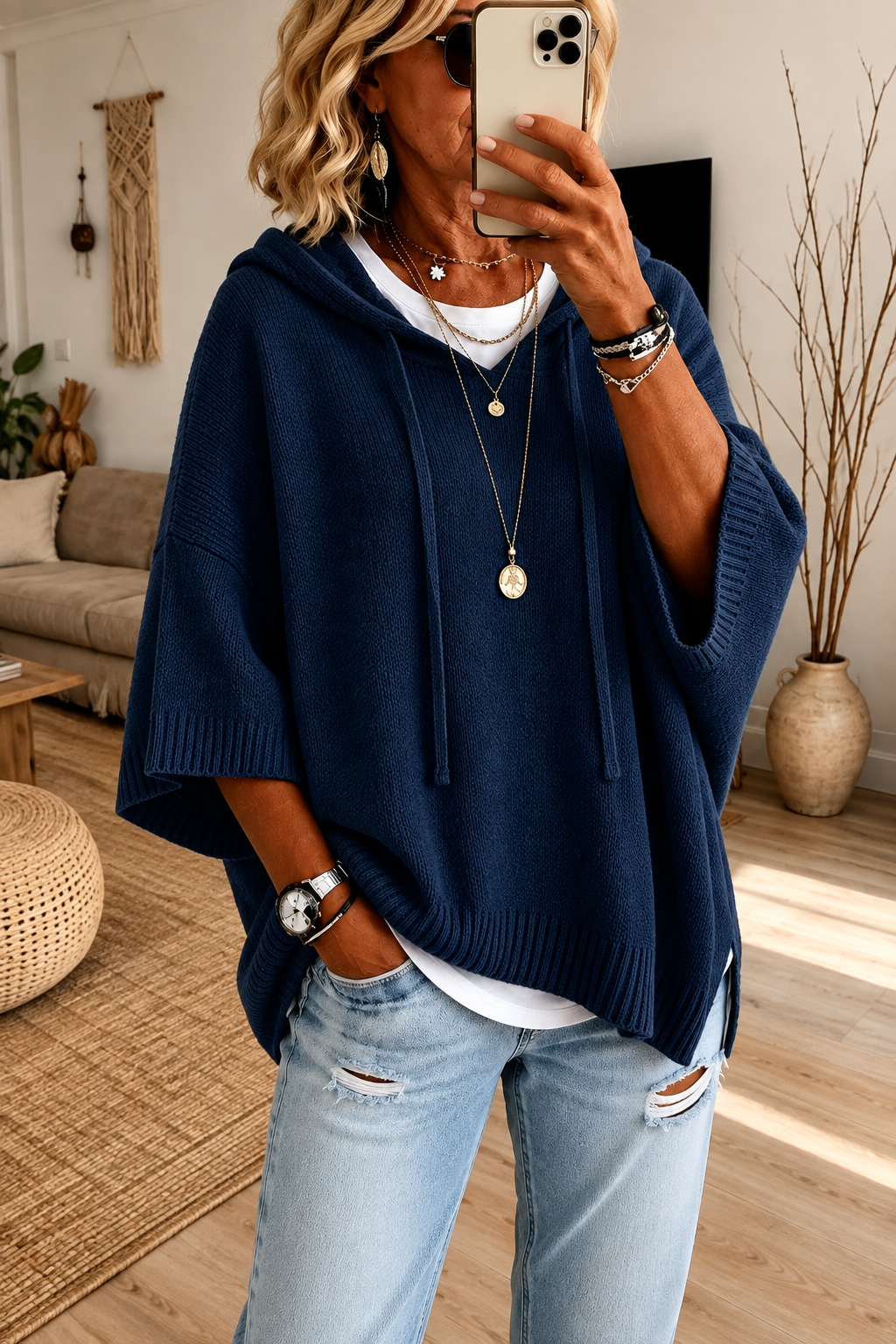 Juliette Navy Blauw Poncho Sweater