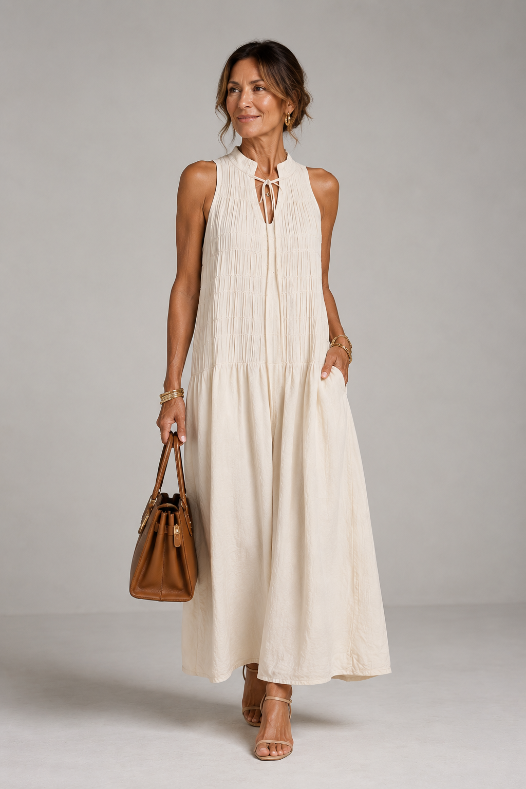 Beige V-neck Sleeveless Pleated Wide-leg Jumpsuit
