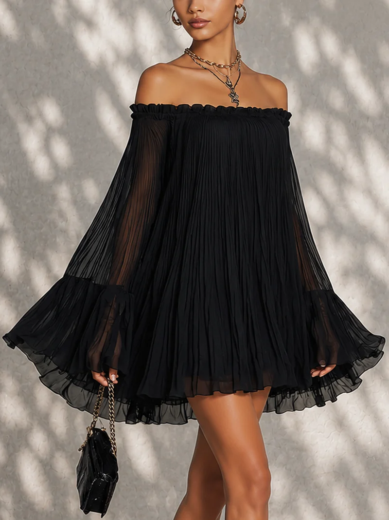 Teresa | Zwarte Jurk met Off-Shoulder Halslijn